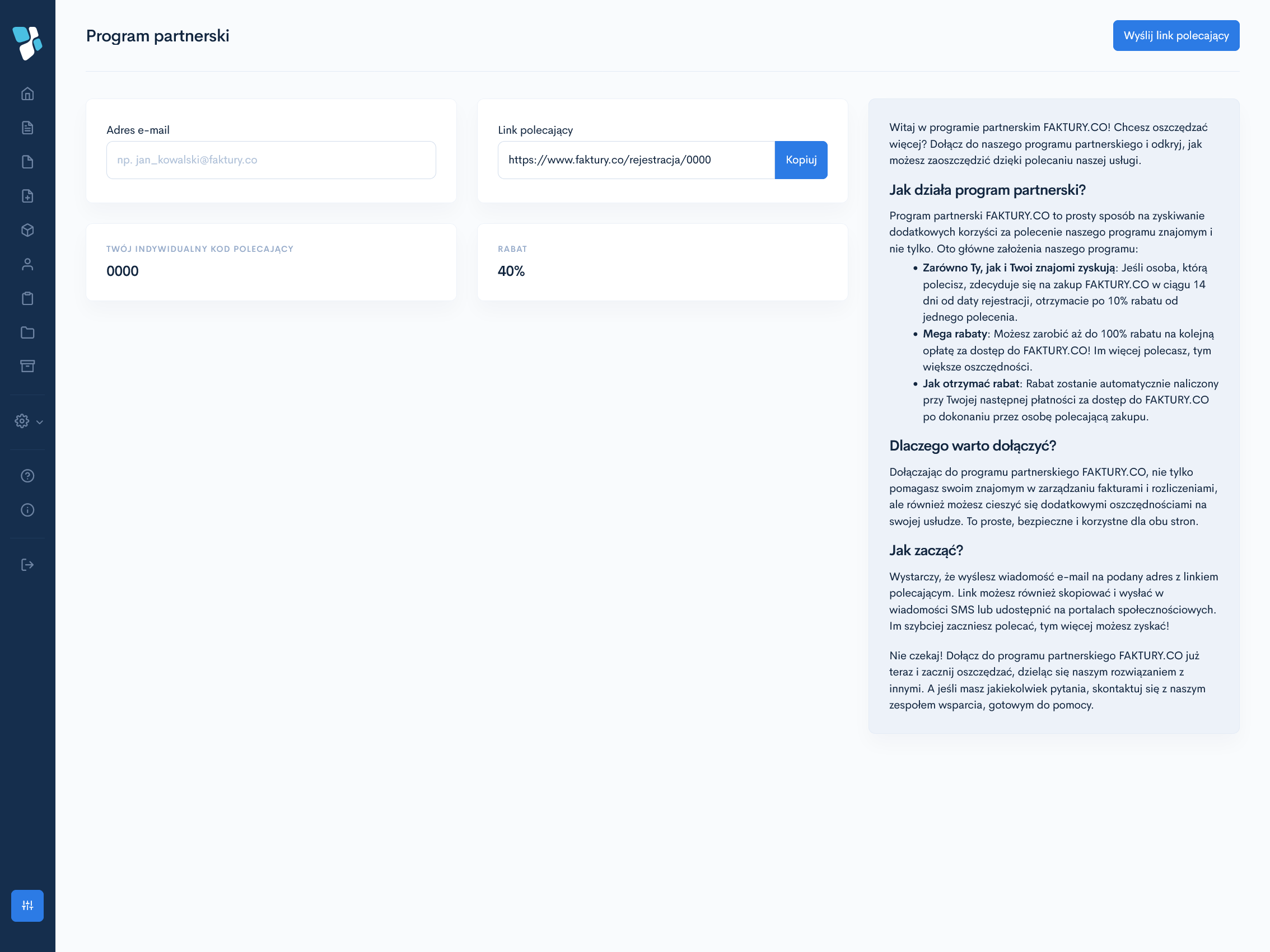 Program partnerski Faktury.co w panelu użytkownika